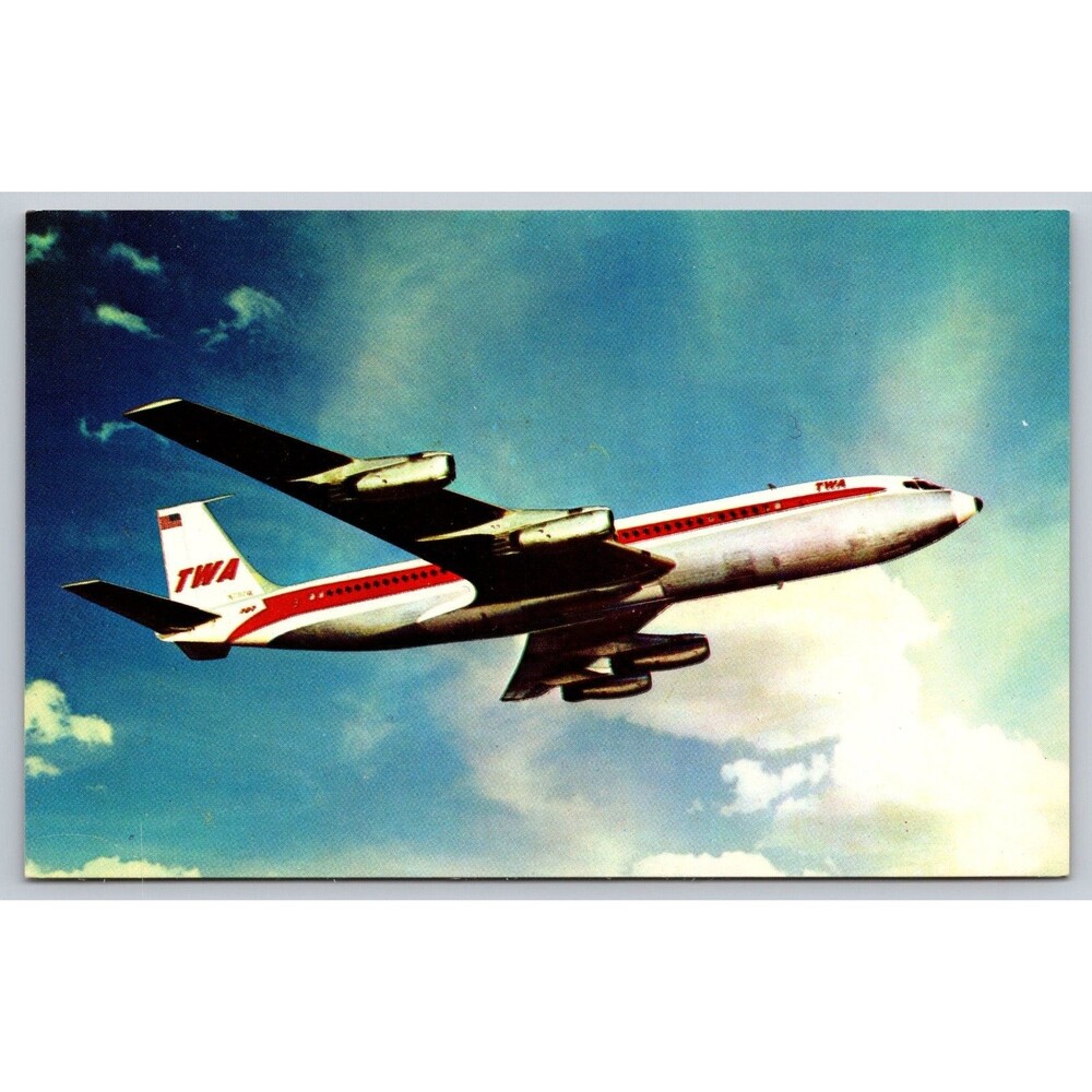 Vtg TWA Super Jet Boeing 707 Postcard Trans World Airlines Plastichrome P35090